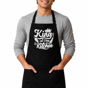 King of the Kitchen Printed Premium Black Cotton Kitchen Apron for Men with Adjustable Neck and Front Pocket