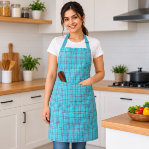 Water Blue Checked Cotton Kitchen Apron with Pocket & Adjustable Neck | CRAZYWEAVES