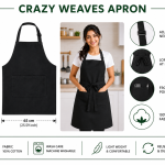 100% Cotton Black Chef Apron with Front Centre Pocket , Adjustable Neck Strap and Tie Kitchen Cooking Apron