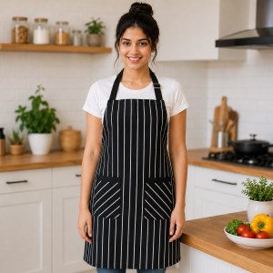 Premium Black Pinstripe Cotton Kitchen Apron for Women and Men with Adjustable Neck and Double Front Pockets