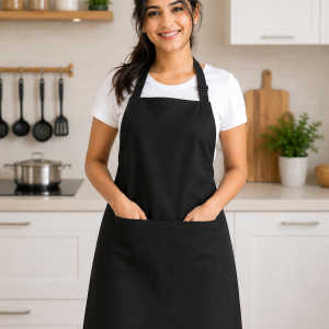 100% Cotton Black Chef Apron with Front Centre Pocket , Adjustable Neck Strap and Tie Kitchen Cooking Apron