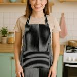 Premium Black Pinstripe Cotton Kitchen Apron for Women and Men with Adjustable Neck and Front Pocket