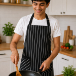 Premium Black Pinstripe Cotton Kitchen Apron for Women and Men with Adjustable Neck and Double Front Pockets