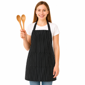 Premium Black Pinstripe Cotton Kitchen Apron for Women and Men with Adjustable Neck and Front Pocket