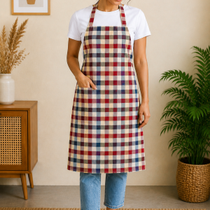 Premium Cotton Checkered Kitchen Apron for Women & Men With Adjustable Neck Strap | Chef Cooking Apron with Pocket