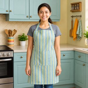 Blue & Green Striped Cotton Kitchen Apron with Pocket for Women & Men | CRAZYWEAVES