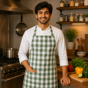 Premium Green & White Checkered Cotton Kitchen Apron for Women & Men | Adjustable Neck Chef Apron with Pocket | Cooking, Baking & Restaurant Apron | Crazyweaves