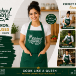 Kitchen Queen Printed Premium Green Cotton Kitchen Apron for Women with Adjustable Neck and Front Pocket