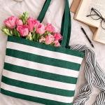 Green & White Striped Cotton Tote Bag for Women | Reusable Shopping & Travel Bag-CRAZYWEAVES