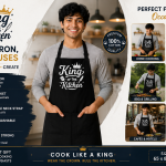 King of the Kitchen Printed Premium Black Cotton Kitchen Apron for Men with Adjustable Neck and Front Pocket