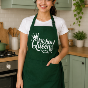 Kitchen Queen Printed Premium Green Cotton Kitchen Apron for Women with Adjustable Neck and Front Pocket