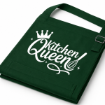 Kitchen Queen Printed Premium Green Cotton Kitchen Apron for Women with Adjustable Neck and Front Pocket
