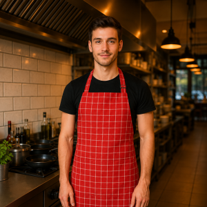 Premium Red Checkered Cotton Kitchen Apron for Women & Men | Adjustable Neck Chef Apron with Large Pocket | Cooking, Baking & BBQ Apron