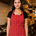 Premium Red Checkered Cotton Kitchen Apron for Women & Men | Adjustable Neck Chef Apron with Large Pocket | Cooking, Baking & BBQ Apron