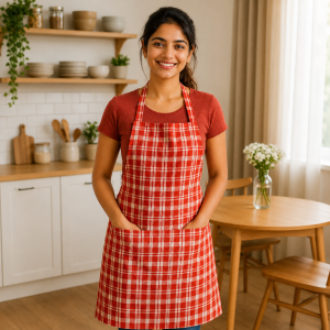 Premium Red & White Checkered Cotton Kitchen Apron for Women & Men | Adjustable Neck Chef Apron with Large Pocket | Cooking, Baking & BBQ Apron