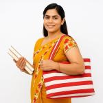 Red & White Striped Cotton Tote Bag for Women-CRAZYWEAVES