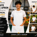 Premium White Cotton Kitchen Apron for Women and Men with Adjustable Neck and Front Pocket